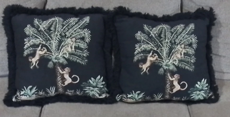 Pair Throw Pillows Monkeys Tapestry Palm Tree 16’’x16’’x5” Black Fringe - Image 2 of 4