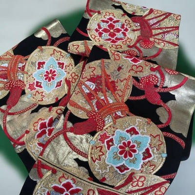 Obi Antique obi floral pattern embroidery black gold Taisho Roman