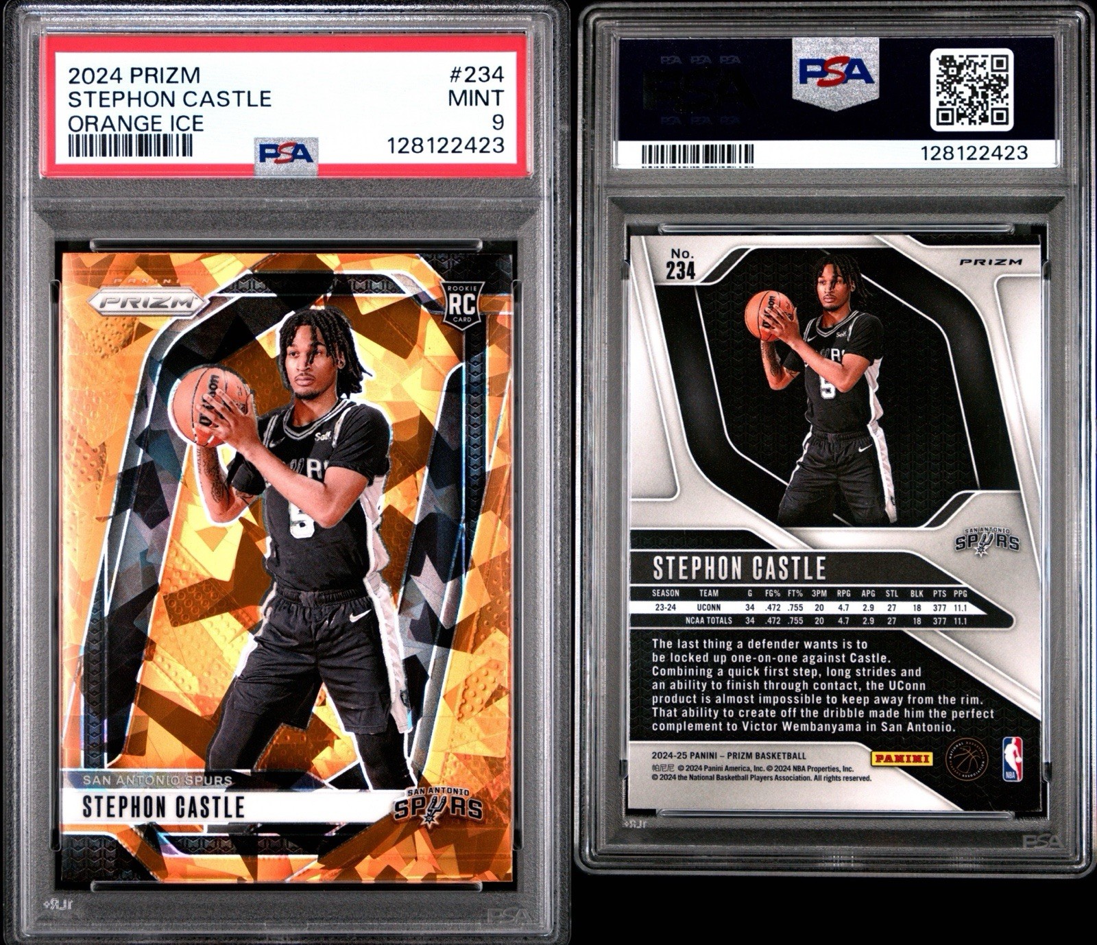 2024 PANINI PRIZM ORANGE ICE #234 STEPHON CASTLE PSA 9 SPURS RC