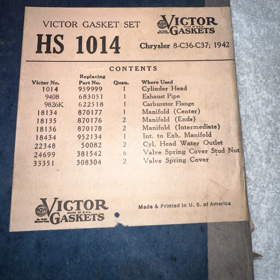Комплект прокладок головки 1942 Chrysler C36 C37, Victor HS 1014 открыт для показа - Изображение 2 из 3