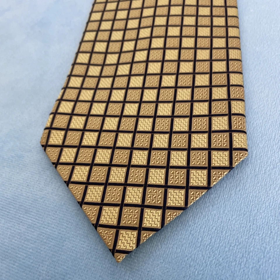 Corbata de seda vintage Valerio Garati hecha a mano dorada negra a cuadros barroca caja Mob 4x60 Foto 2 de 4