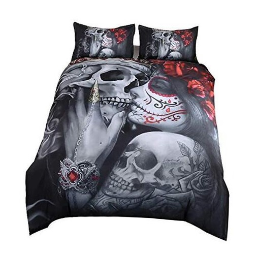 , Bedding Duvet Cover Sets, 3D Dead Sugar Skull Girl Kissing Skull Home Twin