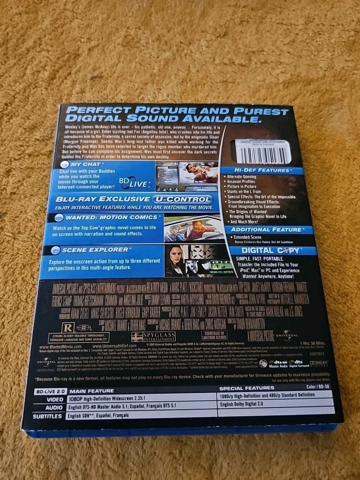 Wanted 2008 Blu-ray+Digital Copy w/Slipcover Angelina Jolie Universal Foto 2 de 4