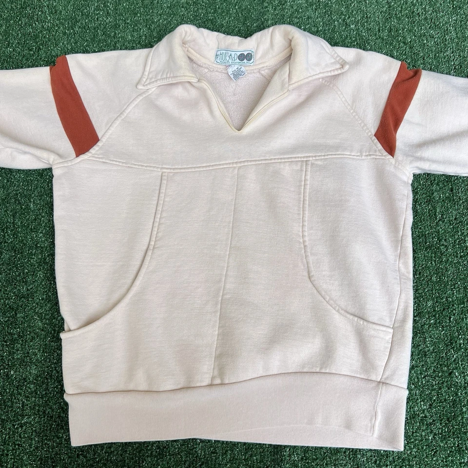复古 70 年代女式 Huk-a-Poo 米色橙色迪斯科领运动衫中号 21x23 — 第 2/4 张图片