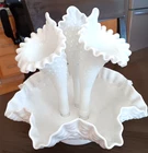 Vintage Fenton White Milk Glass Hobnail Ruffled Triple Horn Vase