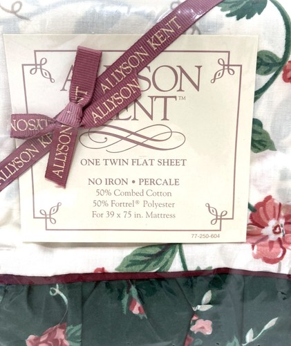 Vtg Allyson Kent TWIN FLAT Sheet Chelsea White Floral Green Ruffle Farmhouse USA - Picture 6 of 6