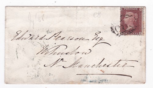 1856 QV FINE 1d PENNY RED STAMP C8 ON EPSOM COVER TO WILMSLOW NEAR MANCHESTER