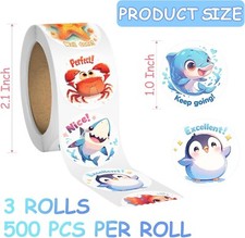 1500 Cute Animal Stickers   3 Rolls 1" Reward Stickers for Kids Toddlers School