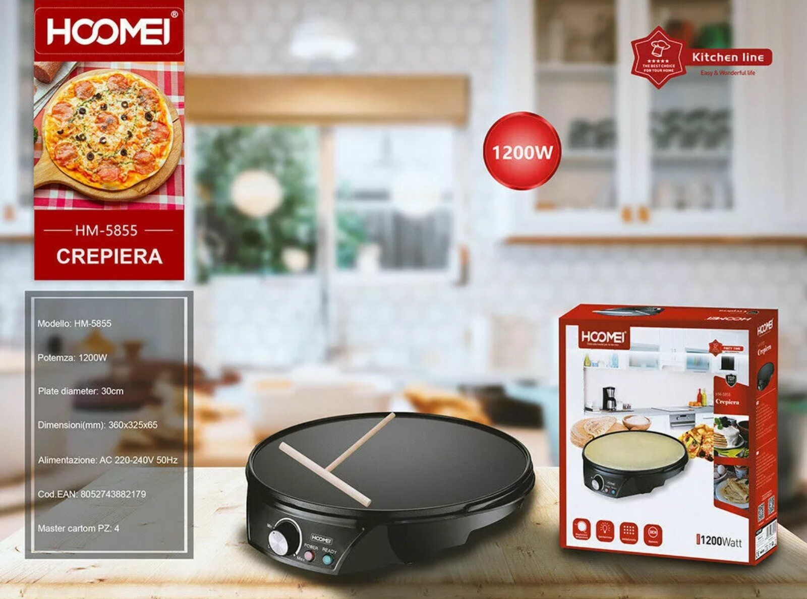 Macchina per Crepes e Piadine 1200W HM-5855 | Piastra 30cm Regolabile