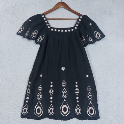 BCBGMAXAZRIA Dress Womens Size 0 Black Embroidered Shift Peasant Scalloped Trim