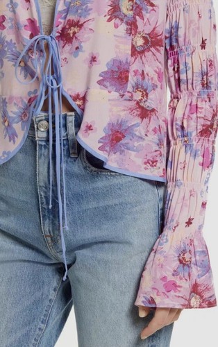 Free People Women's Pink V-Neck Venice Floral Tie Front Blouse Top Size S $98 - Picture 4 of 7