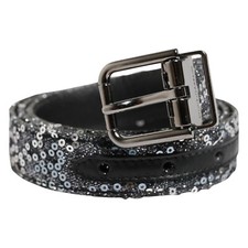 DOLCE & GABBANA Belt Black Sequins Silver Metal Logo Buckle 90cm / 36in 350usd