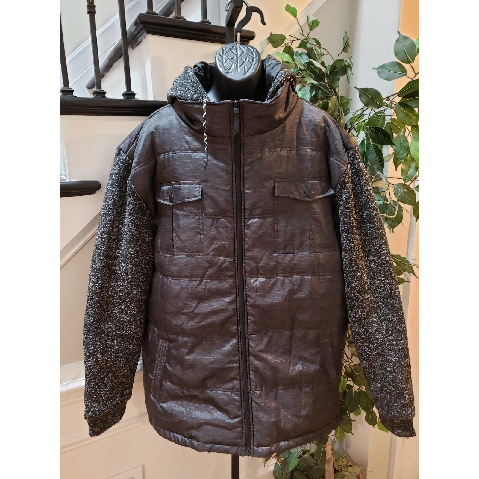 Brooklyn Laundry Puffer Jacket Mens Gray Premium Long Sleeve Hooded Full Zipper