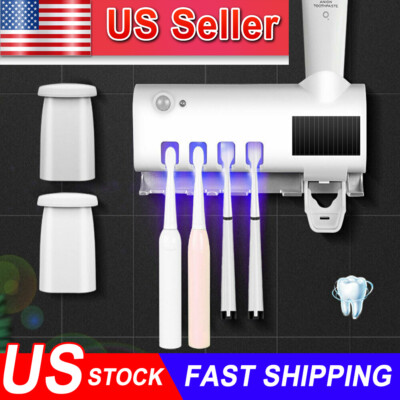 4 Toothbrush Holder Set UV Light Cleaner Automatic Wall Toothpaste Dispenser US