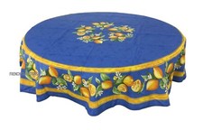 French Provencal 100 Cotton Tablecloth Lemons Blue Round 71" Made in France
