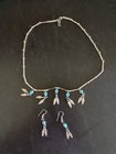 VTG Sterling Silver Chain Indian Feather Turquoise Necklace Pendant Earrings