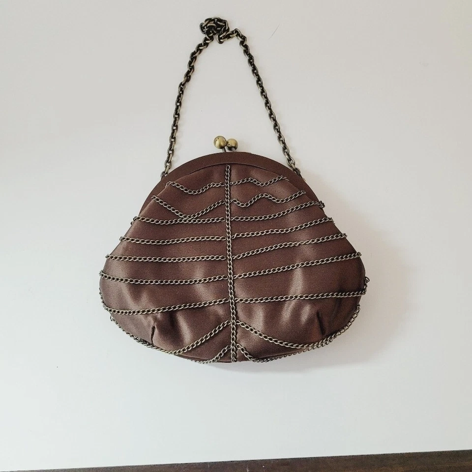 BCBG Maxazria Chocolate Brown Satin Caged Chain Clutch Evening Bag - Image 2 of 4