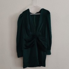 PrettyLittleThing Green Solid V-Neck Puff Sleeve Ruched Zip Dress Women’s 14