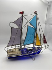 Perfect Condition Vintage Colorful Stained Glass Double Mast Sailboat 1980  s
