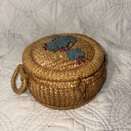 Vintage Wicker Sewing Basket Caddy Retro Boho Floral Handwoven