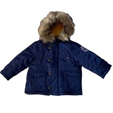 DKNY Jacket with Faux Fur Hood 12M Toddler Fleece Lined Boys Blue Excellent
