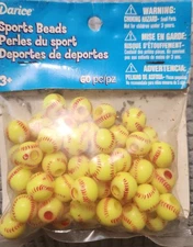 NOS DARICE SOFTBALL BEADS 60 COUNT Yellow With Red Stitching