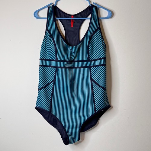 Spanx Hourglass Slimming Shaping Swimsuit One Piece Navy Splash Thin Stripe 16