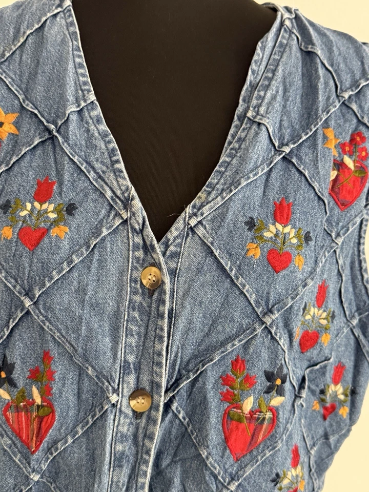 Vintage Jeans Weste Stickerei Herzen Blumen Denim Boho 90s Hippie Gr M - Bild 3 von 4