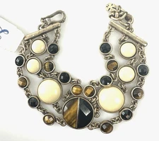 Lucky Brand Tiger's Eye & Black Stone Ivory Bead Gold Tone Bracelet NWT