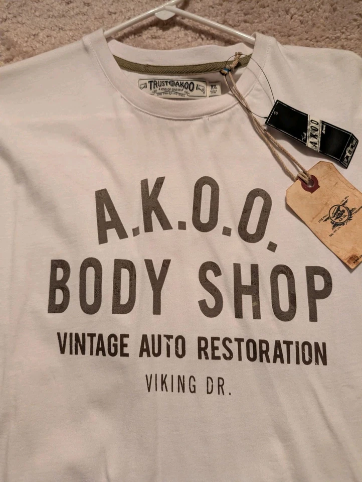 NUEVA AKOO Body Shop DE COLECCIÓN RESTAURACIÓN AUTOMÁTICA Camisa Para Hombres XL Bandera Resbaladiza Etiquetas con Nombre Foto 2 de 4