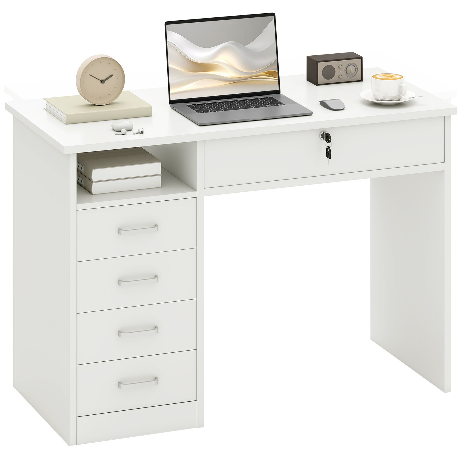 HOMCOM Computer Desk Writing Desk with Five Drawers for Home Office White