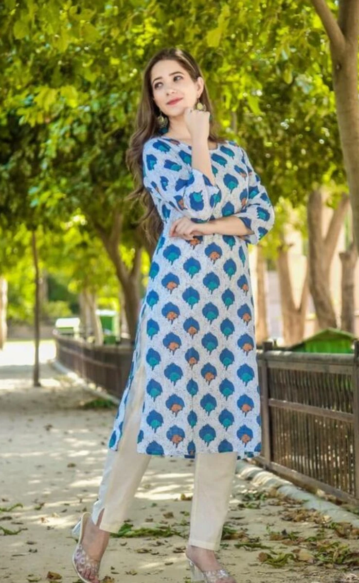 Beautiful Readymade White Blue Cotton Kurti Daily wear Casual Kurta Women  Tunics