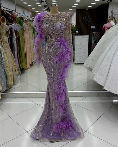 Feathers Purple Long Sleeve Evening Celebrity Dresses Crystal Beaded Party Gowns - Picture 6 of 6