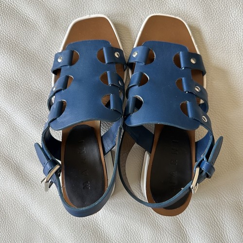 Marni Blue Leather White Patent Leather Sling Back Chunky Heel Sandals Size 36 - Picture 6 of 23