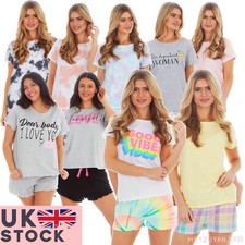 Image of Ladies Jersey Pyjama Sets Summer Tops and Shorts Cotton Nightwear PJs Set Shorty