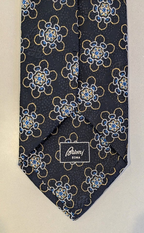 BRIONI Silk Necktie Black with Blue and Gold Geometric Flower Pattern