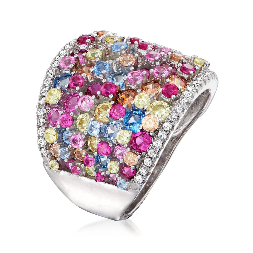 6.10CT Multicolored Gemstone & 1.06CT Simulated Sapphire Wide Party Women's Ring - Image 3 of 4