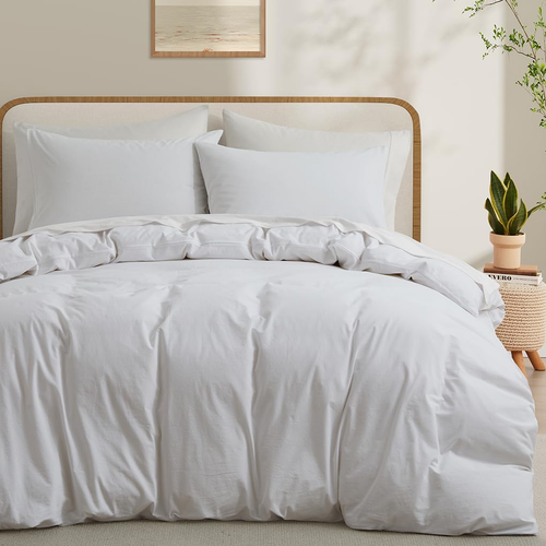 100% Washed Cotton Duvet Cover Queen Size, White Linen like Breathable Natural B