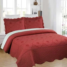 3 Piece Floral Embroidered Quilted Lightweight Bedspread Set 