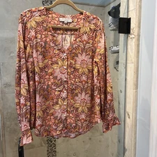 New LOFT Orange Peach Fall Boho Top - Women's M Medium Blouse Bell