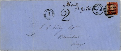 GB QV 1867 POSTAGE DUE 2d OVERWEIGHT BRAINTREE ESSEX MORE TO PAY N.W - Picture 2 of 3