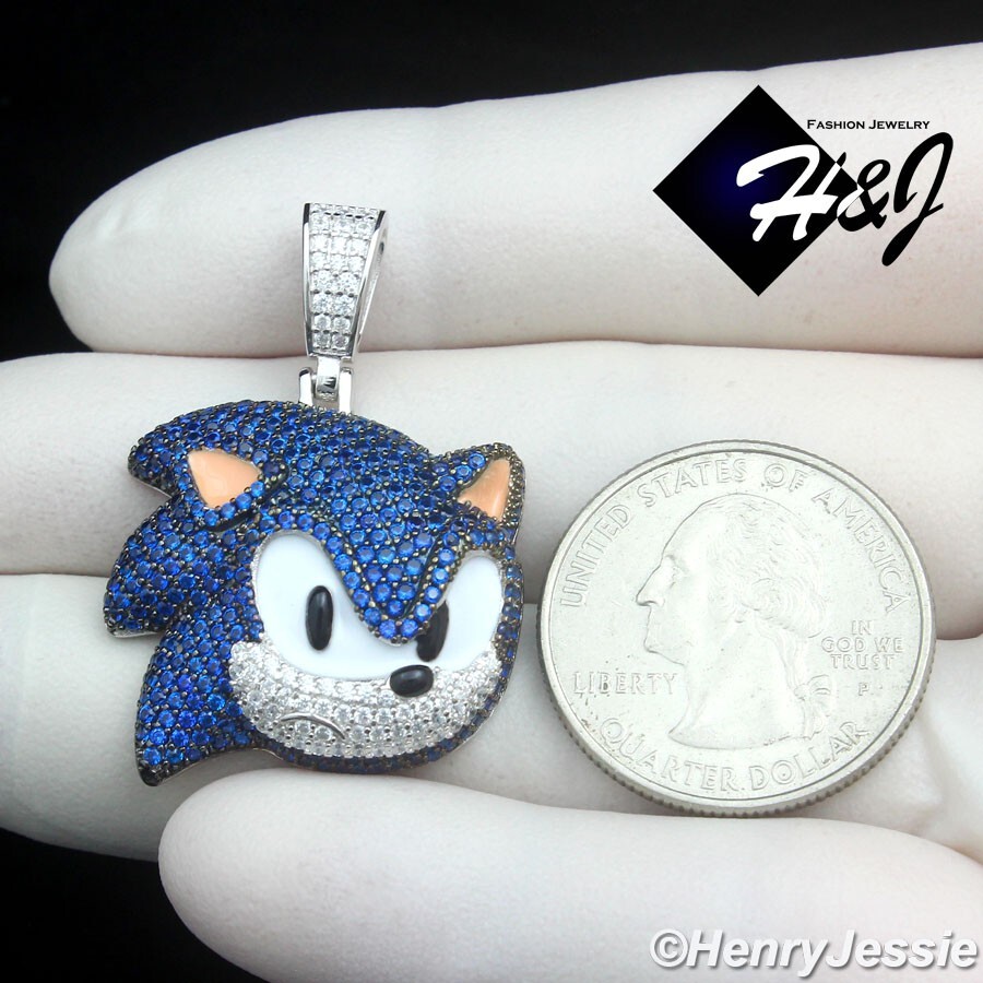 925 STERLING SILVER FULL BLING BLUE CZ HIPHOP 3D SONIC