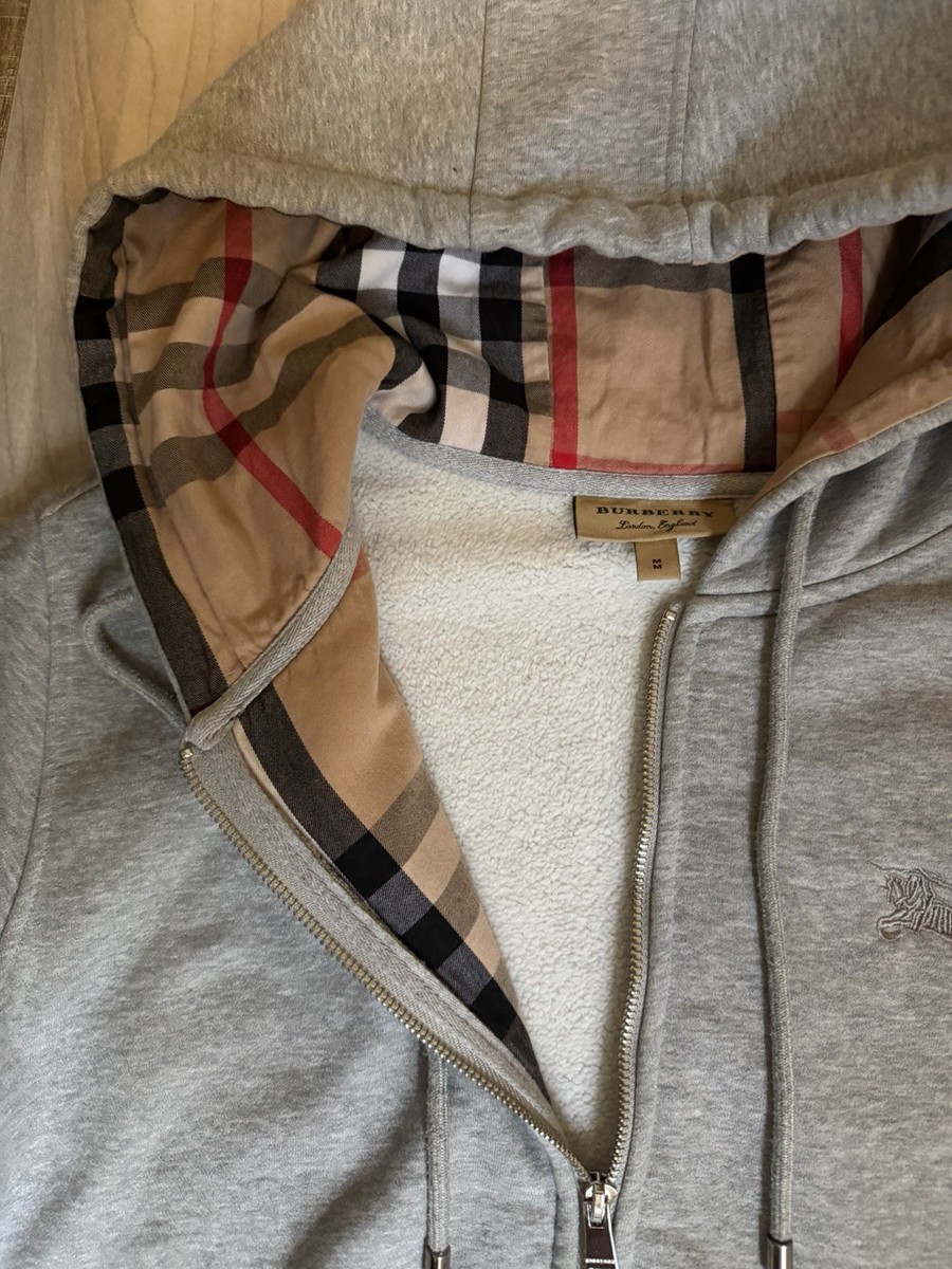 Burberry London Gray Full Zip Hoodie Men's M Plaid Hood Lining