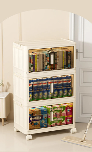 Side Wide Folding Plastic Storage Cabinet 3-Tier Magnetic Door Wheels - Picture 8 of 22