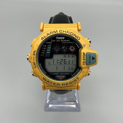 Vintage Timex Yamaha Mens Sport Watch 47mm Yellow Alarm Chrono New
