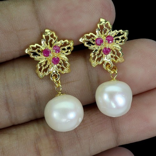 925 Sterling Silver Earrings Round Ruby Pearl Flower Natural Gemstone Jewelry - Picture 2 of 13