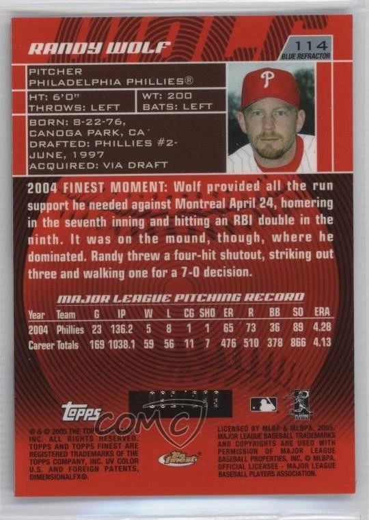 2005 Topps Finest Blue Refractor /299 Randy Wolf #114 - Image 2 of 2