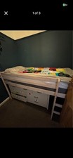 Children’s Wooden Mid Sleeper Bed Frame with Ladder, Single, White/Blue