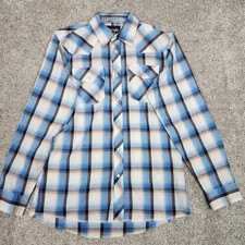 Wrangler Western Pearl Snap Shirt Youth XL 14-16 Blue Plaid Cowboy Long Sleeve