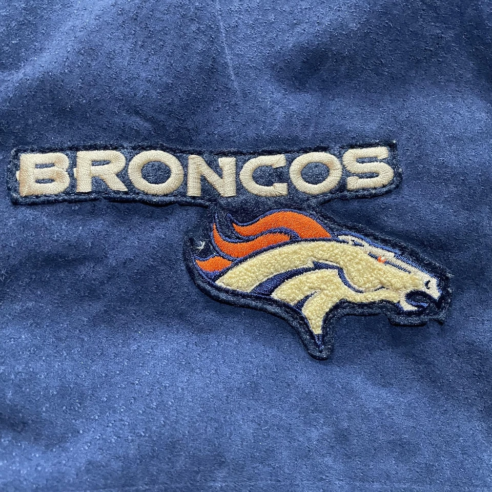 Jaqueta masculina vintage Denver Broncos XL azul bronzeado NFL couro camurça Varsity anos 2000 - Imagem 2 de 4
